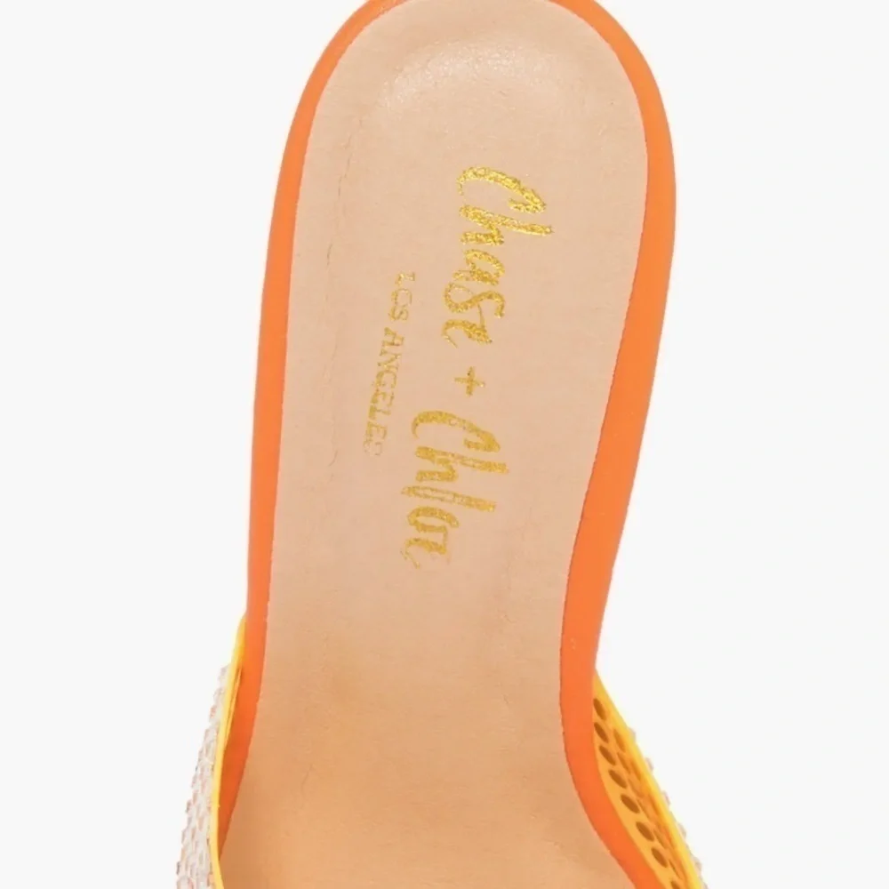 CHASE AND CHLOE Rhinestone Crystal Clear Vamp Strap Slide Mule Heeled Sandal